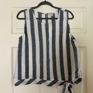 J Crew Tie Waist Top  Gray White Stripe Linen Blend Sleeveless Size 10